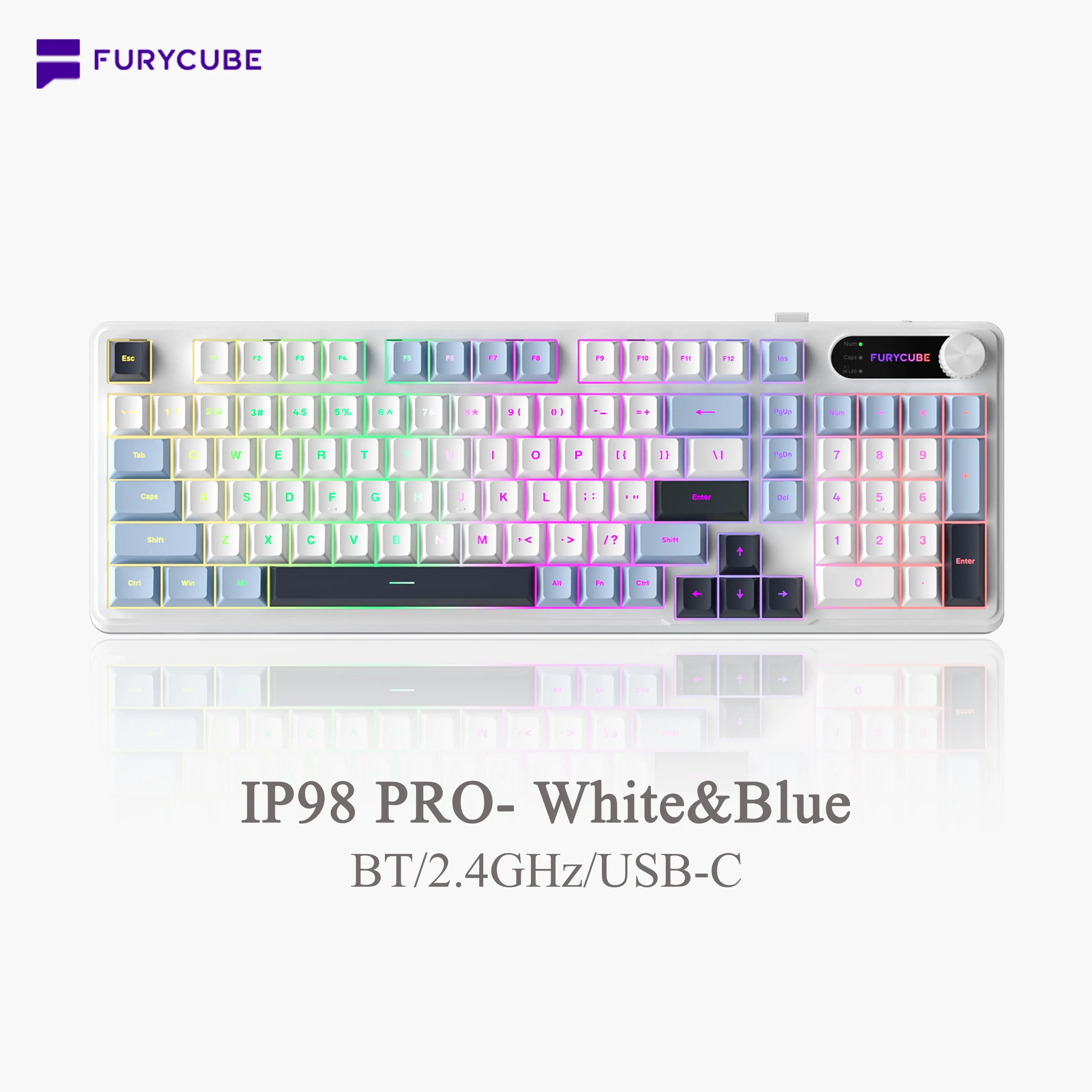 FURYCUBE IP98 Foundation Office Keyboard - 98-Key Wired/Wireless Classic Design with Number Pad, Custom Mechanical Feel, RGB Backlit, Ideal for Work, Office, and Gaming, Silent Typing, Perfect Mother's Day Gift