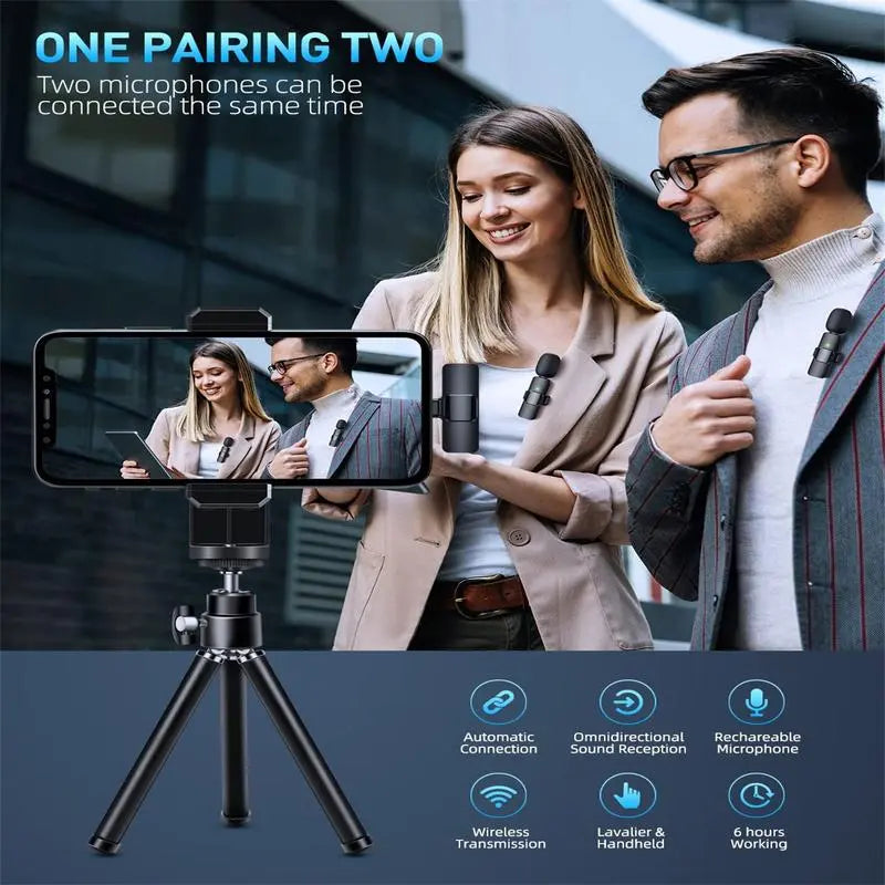 Professional Wireless Lavalier Microphone Set for iPhone, iPad, and Android - 2 Pack with Noise Cancellation for Crystal Clear Recording and Live Streaming