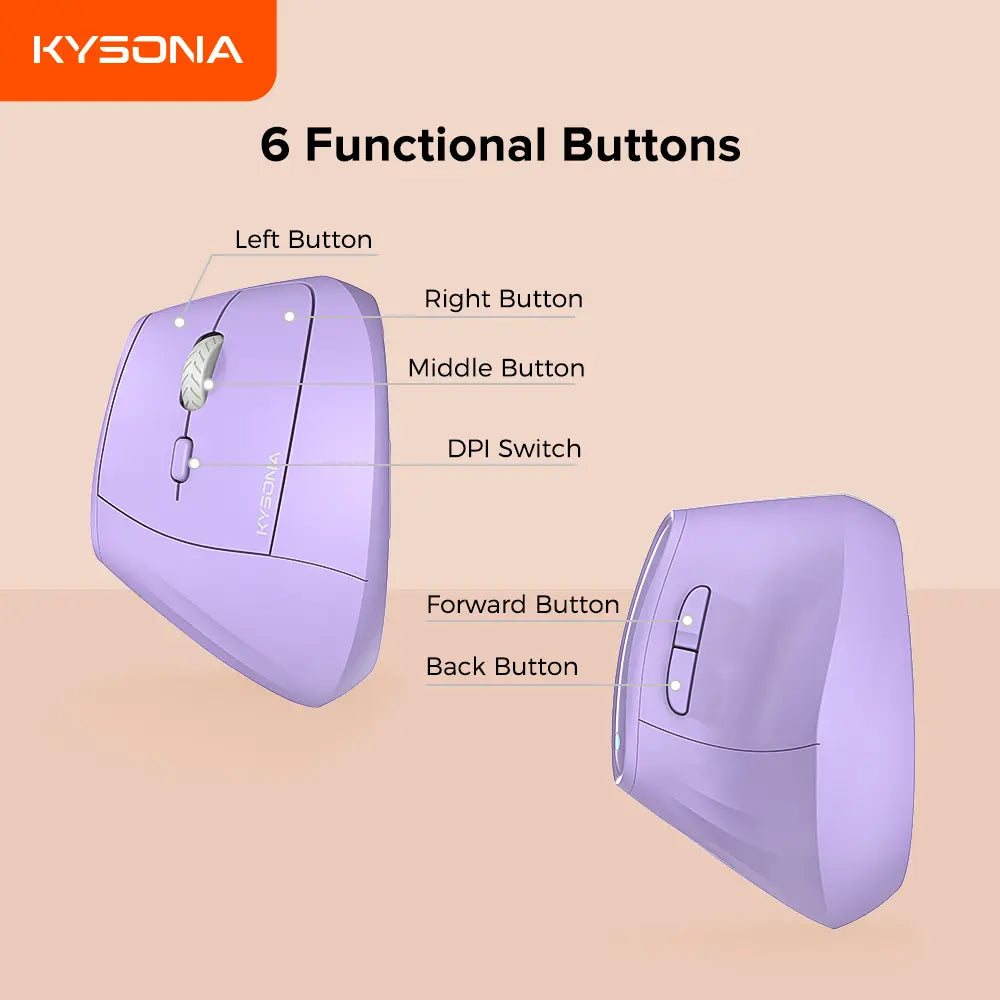 KYSONA Wireless Ergonomic Vertical Mouse with Bluetooth, Quiet Click, 5 Adjustable DPI Levels (800/1200/2400/3200/4000), Rechargeable 2.4G Compatibility for PC, Mac, and Laptop