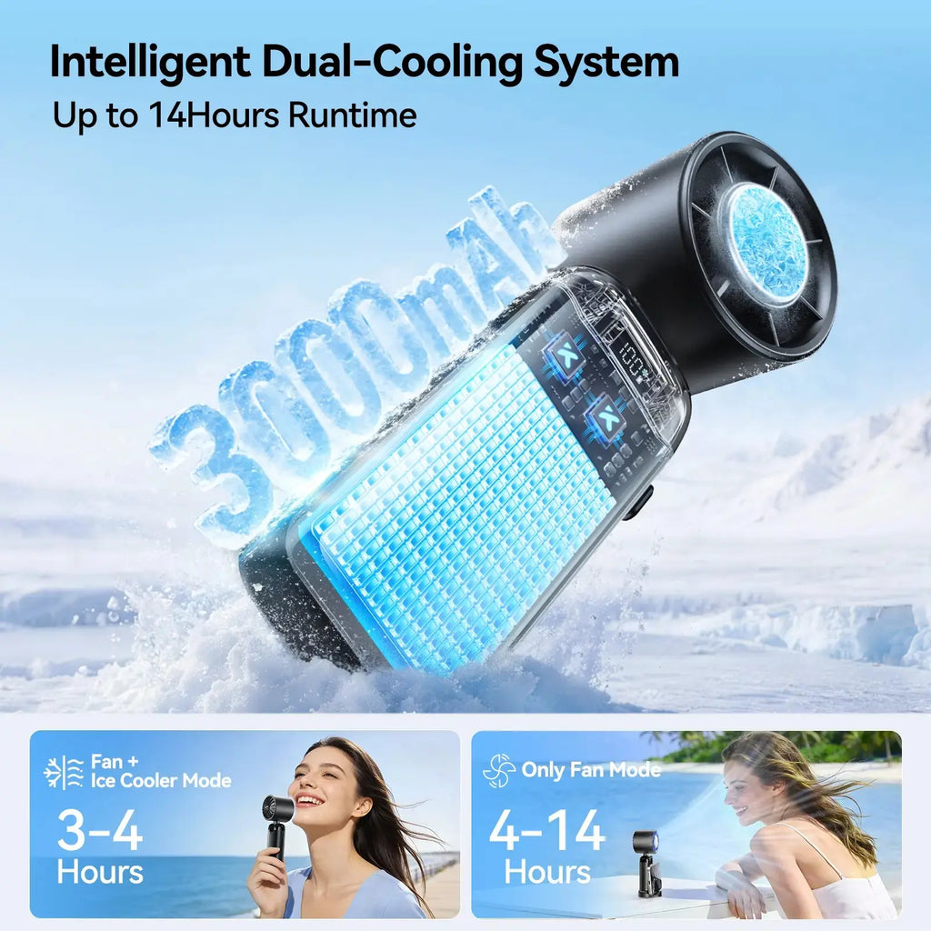 2026 Upgraded Multifunction Portable Adjustable High-Speed Fan, 3000Mah USB Rechargeable Wind Fan with Ice Cooler & Phone Stand, Foldable for Travel, Home