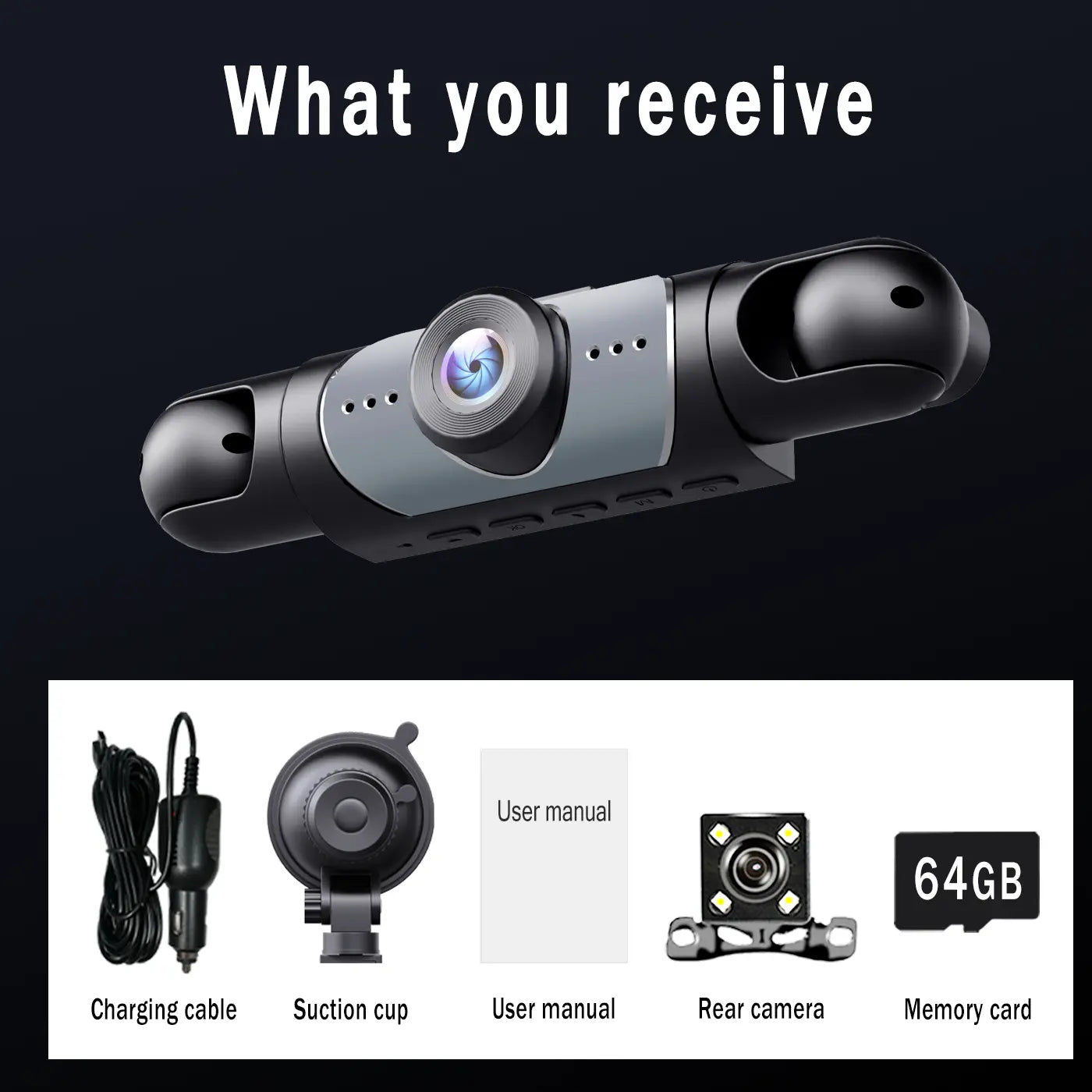 BCUOZ 4-Channel Dash Cam - 1080P Full HD Front and 720P Rear Coverage, Night Vision, G-Sensor, Includes 64GB Memory Card, 24-Hour Parking Mode, Non-Wireless Vehicle Dashboard Camera