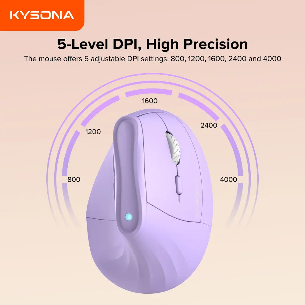 KYSONA Wireless Ergonomic Vertical Mouse with Bluetooth, Quiet Click, 5 Adjustable DPI Levels (800/1200/2400/3200/4000), Rechargeable 2.4G Compatibility for PC, Mac, and Laptop