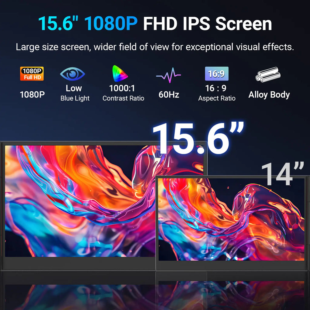 Cevaton 15.6" Laptop Screen Extender - 1080P FHD Dual Portable Monitor for 13-17.3" Laptops, Ultra-Slim Design, USB-C Plug & Play Compatibility with Windows, Mac, and Android