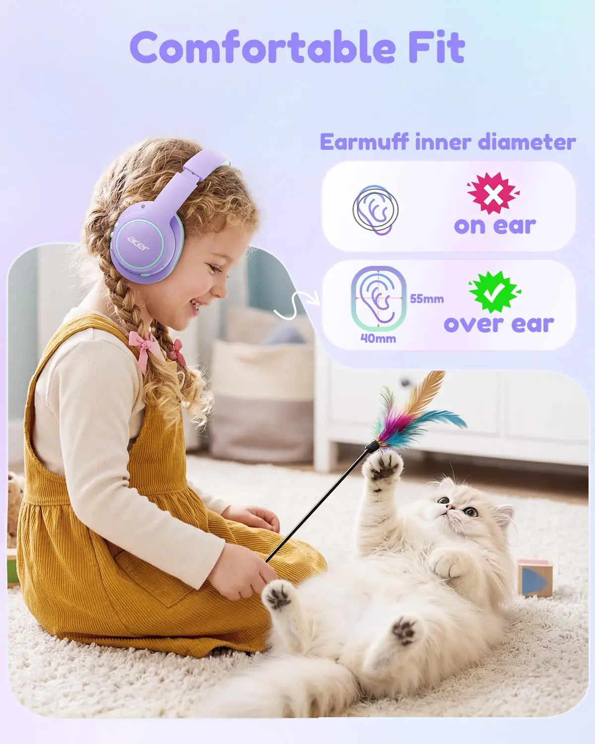 Acer OHR702 Kids Bluetooth Headphones, over Ear Headphone for Kids with Mic, 75H Playtime, 85Dba Safe Volume, Bluetooth 6.0, USB C Fast Charging, Toddler Headphones for Ipad/Tablet/Travel/School-Purple Green Summervibes