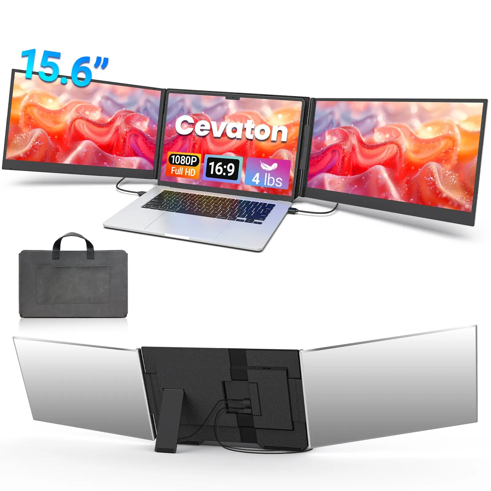 Cevaton 15.6" Laptop Screen Extender - 1080P FHD Dual Portable Monitor for 13-17.3" Laptops, Ultra-Slim Design, USB-C Plug & Play Compatibility with Windows, Mac, and Android