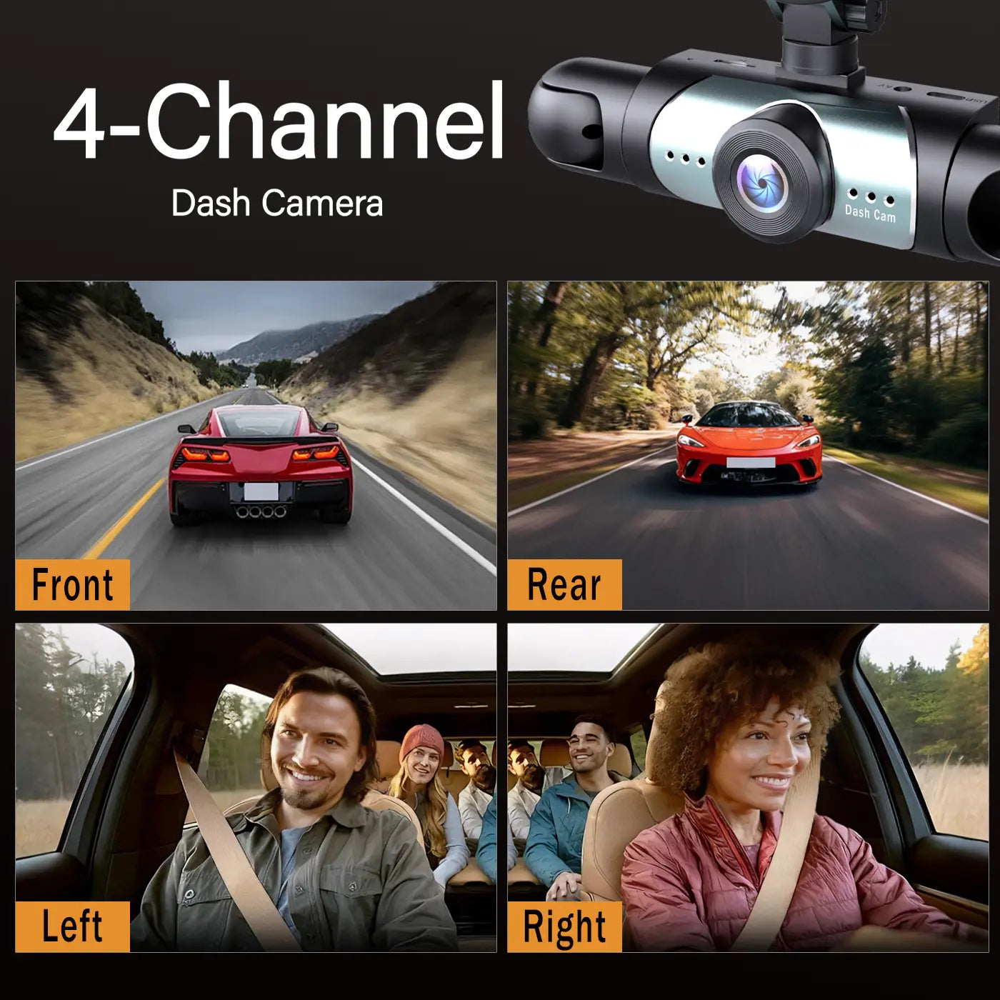 BCUOZ 4-Channel Dash Cam - 1080P Full HD Front and 720P Rear Coverage, Night Vision, G-Sensor, Includes 64GB Memory Card, 24-Hour Parking Mode, Non-Wireless Vehicle Dashboard Camera