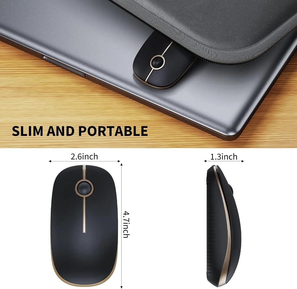 Vssoplor 2.4G Wireless Slim Optical Mouse with Nano Receiver - Portable and Silent Design for Laptops and PCs in Black and Gold