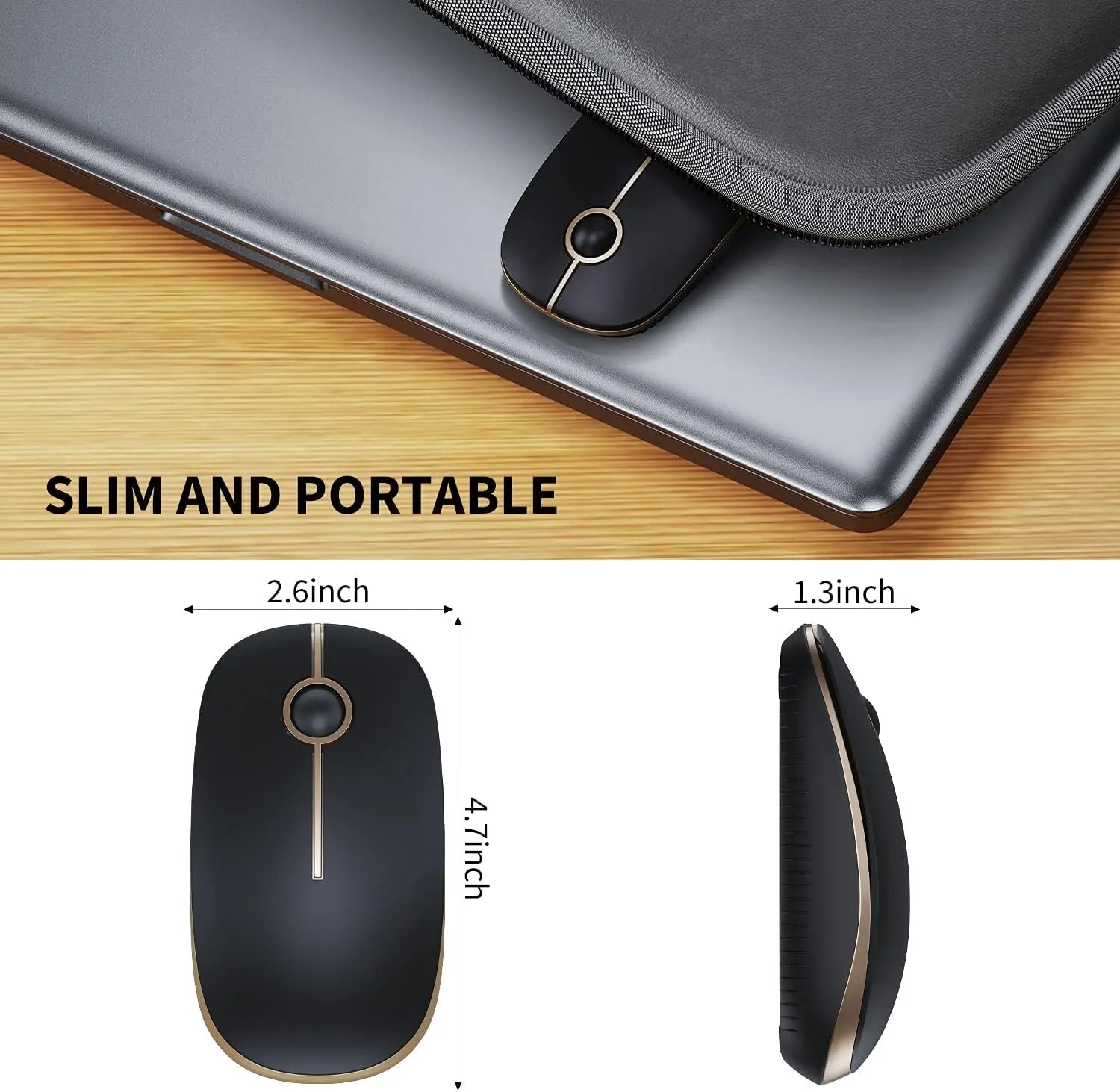 Vssoplor 2.4G Wireless Slim Optical Mouse with Nano Receiver - Portable and Silent Design for Laptops and PCs in Black and Gold