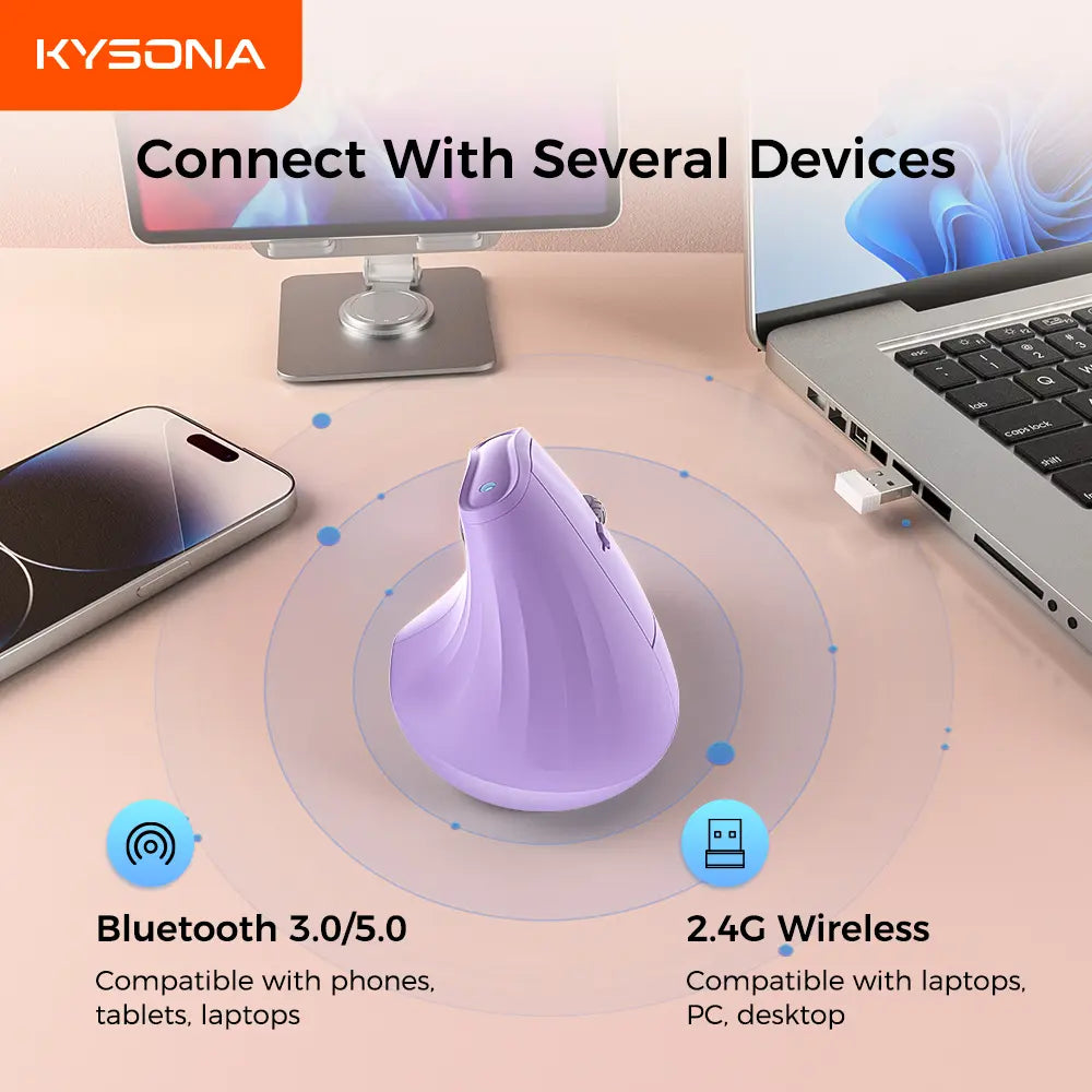 KYSONA Wireless Ergonomic Vertical Mouse with Bluetooth, Quiet Click, 5 Adjustable DPI Levels (800/1200/2400/3200/4000), Rechargeable 2.4G Compatibility for PC, Mac, and Laptop