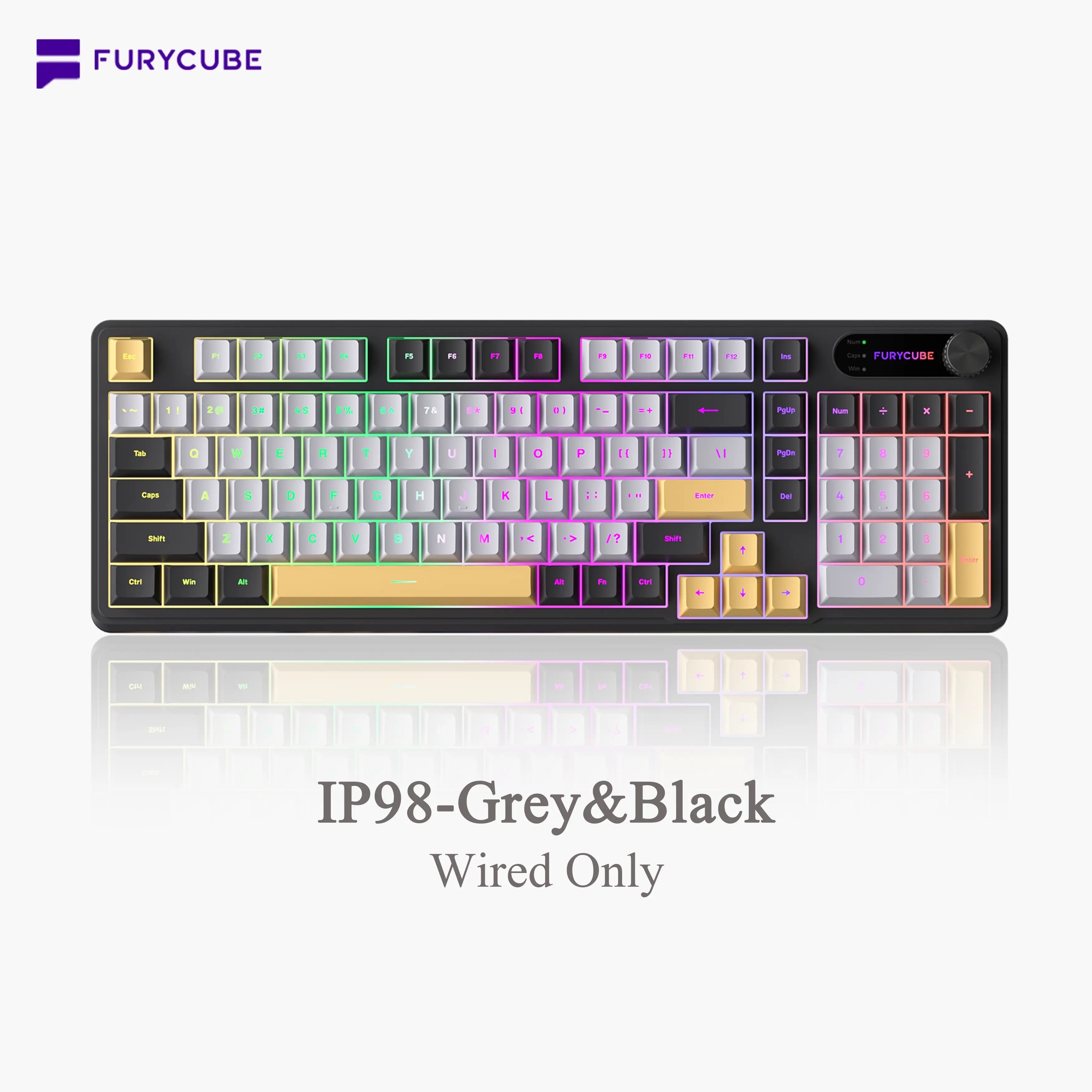 FURYCUBE IP98 Foundation Office Keyboard - 98-Key Wired/Wireless Classic Design with Number Pad, Custom Mechanical Feel, RGB Backlit, Ideal for Work, Office, and Gaming, Silent Typing, Perfect Mother's Day Gift