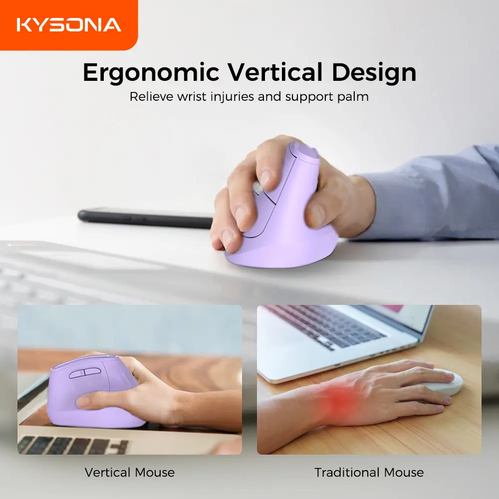 KYSONA Wireless Ergonomic Vertical Mouse with Bluetooth, Quiet Click, 5 Adjustable DPI Levels (800/1200/2400/3200/4000), Rechargeable 2.4G Compatibility for PC, Mac, and Laptop