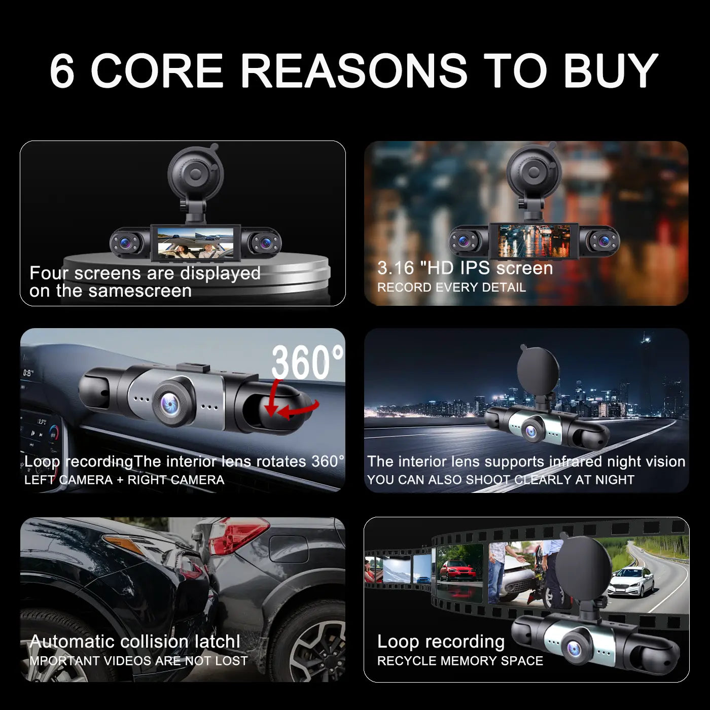BCUOZ 4-Channel Dash Cam - 1080P Full HD Front and 720P Rear Coverage, Night Vision, G-Sensor, Includes 64GB Memory Card, 24-Hour Parking Mode, Non-Wireless Vehicle Dashboard Camera