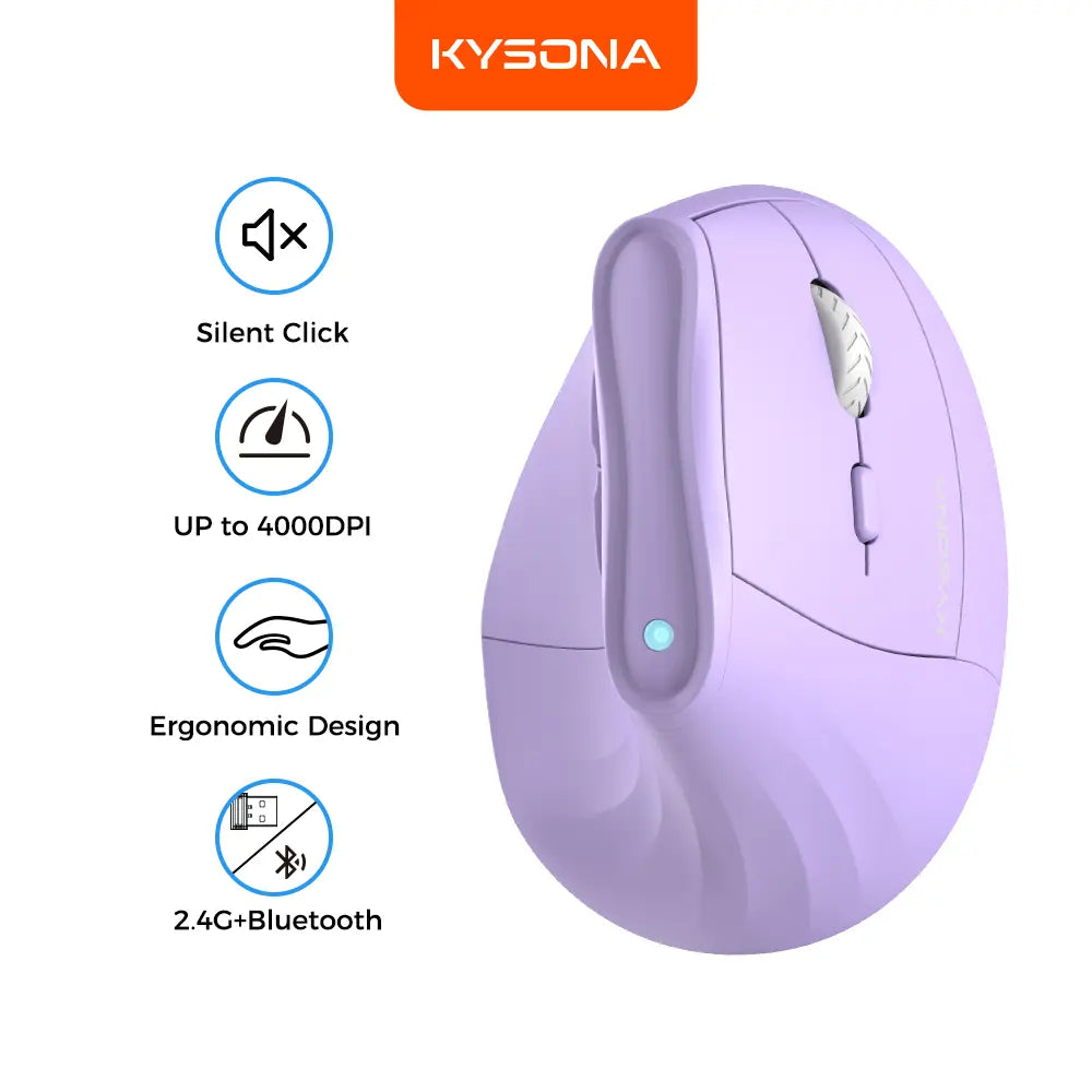 KYSONA Wireless Ergonomic Vertical Mouse with Bluetooth, Quiet Click, 5 Adjustable DPI Levels (800/1200/2400/3200/4000), Rechargeable 2.4G Compatibility for PC, Mac, and Laptop