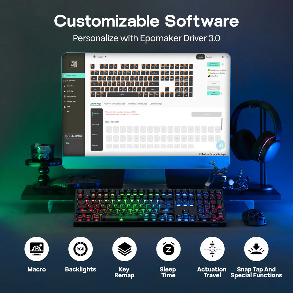 EPOMAKER HE108 Wireless Gaming Keyboard - Full-Sized Hall Effect Design with 8K Polling Rate, 10000mAh Battery, SOCD & DKS Technology, Custom Driver RGB Backlit PBT Keycaps, Ideal for Gaming and Streaming
