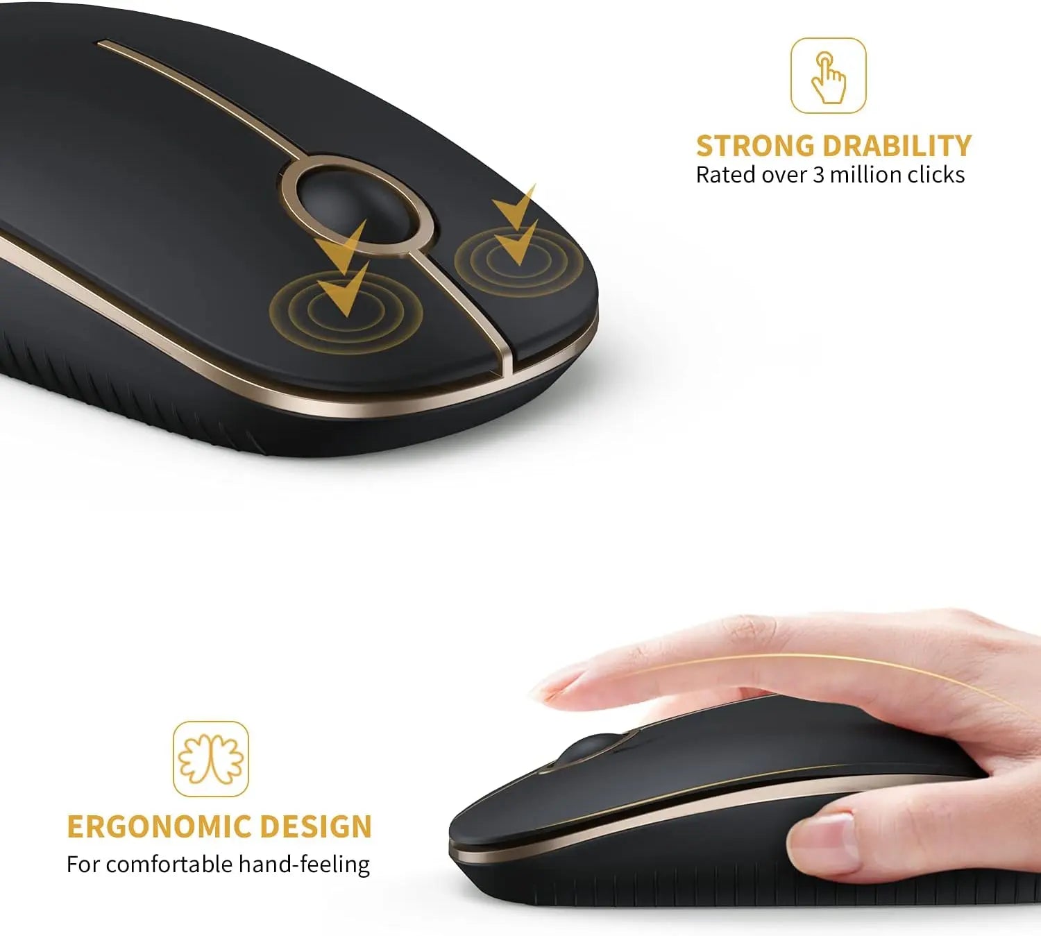Vssoplor 2.4G Wireless Slim Optical Mouse with Nano Receiver - Portable and Silent Design for Laptops and PCs in Black and Gold
