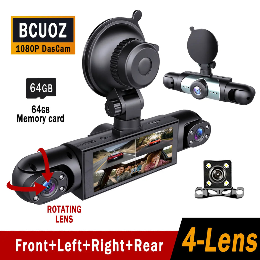 BCUOZ 4-Channel Dash Cam - 1080P Full HD Front and 720P Rear Coverage, Night Vision, G-Sensor, Includes 64GB Memory Card, 24-Hour Parking Mode, Non-Wireless Vehicle Dashboard Camera