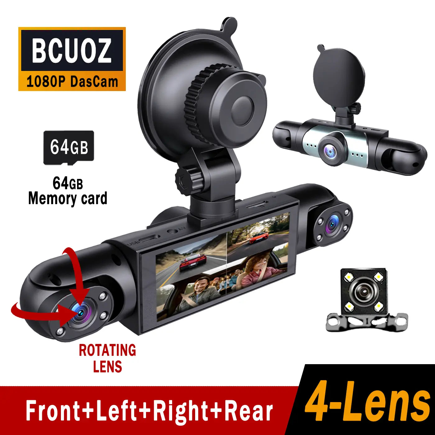 BCUOZ 4-Channel Dash Cam - 1080P Full HD Front and 720P Rear Coverage, Night Vision, G-Sensor, Includes 64GB Memory Card, 24-Hour Parking Mode, Non-Wireless Vehicle Dashboard Camera