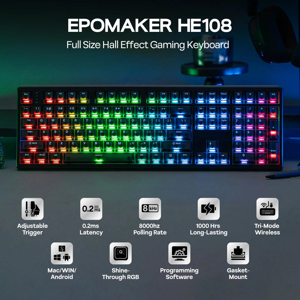 EPOMAKER HE108 Wireless Gaming Keyboard - Full-Sized Hall Effect Design with 8K Polling Rate, 10000mAh Battery, SOCD & DKS Technology, Custom Driver RGB Backlit PBT Keycaps, Ideal for Gaming and Streaming