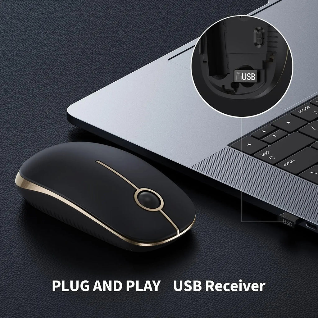 Vssoplor 2.4G Wireless Slim Optical Mouse with Nano Receiver - Portable and Silent Design for Laptops and PCs in Black and Gold