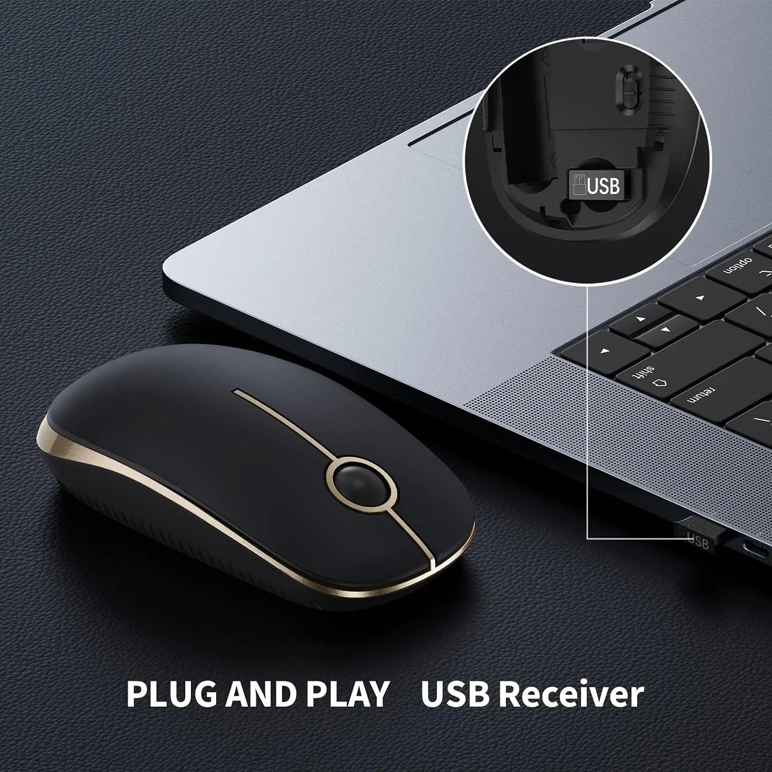 Vssoplor 2.4G Wireless Slim Optical Mouse with Nano Receiver - Portable and Silent Design for Laptops and PCs in Black and Gold