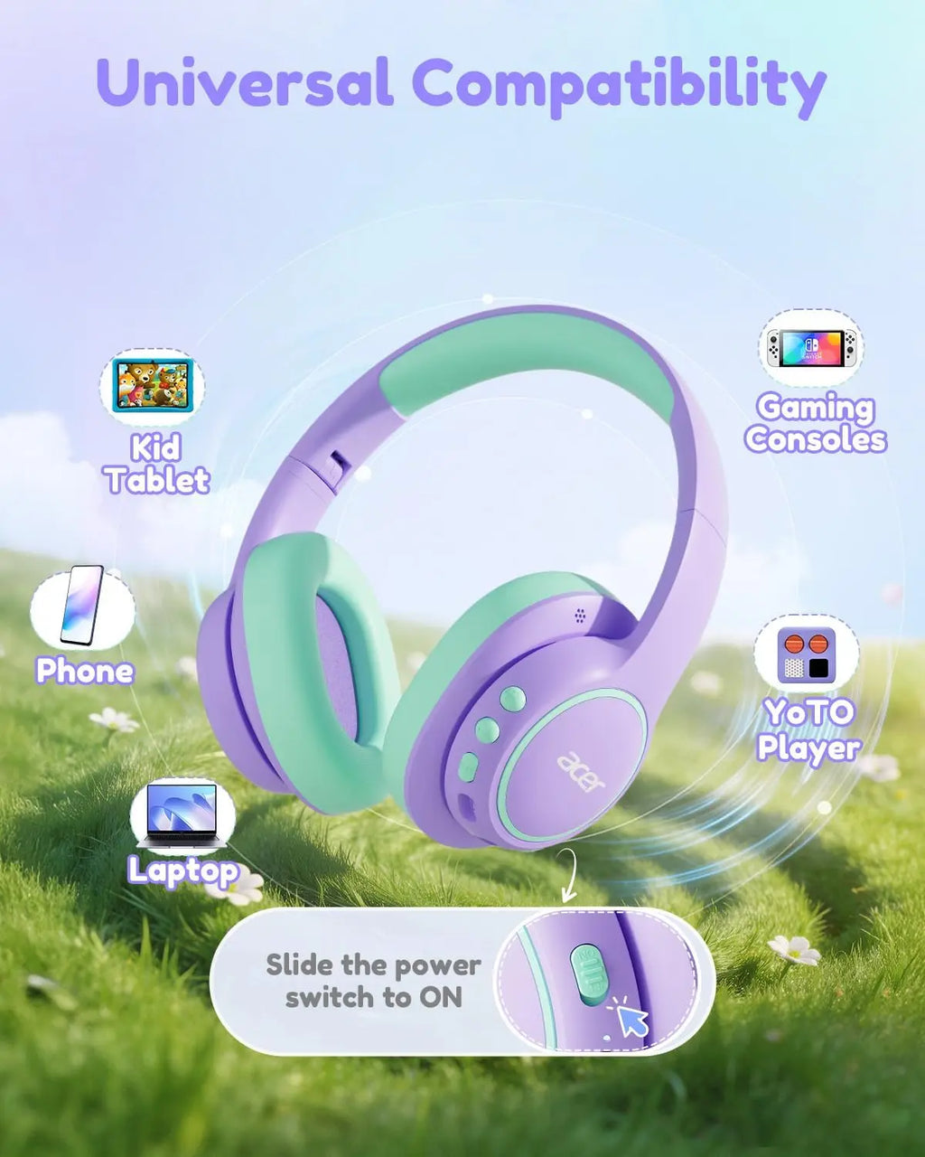Acer OHR702 Kids Bluetooth Headphones, over Ear Headphone for Kids with Mic, 75H Playtime, 85Dba Safe Volume, Bluetooth 6.0, USB C Fast Charging, Toddler Headphones for Ipad/Tablet/Travel/School-Purple Green Summervibes