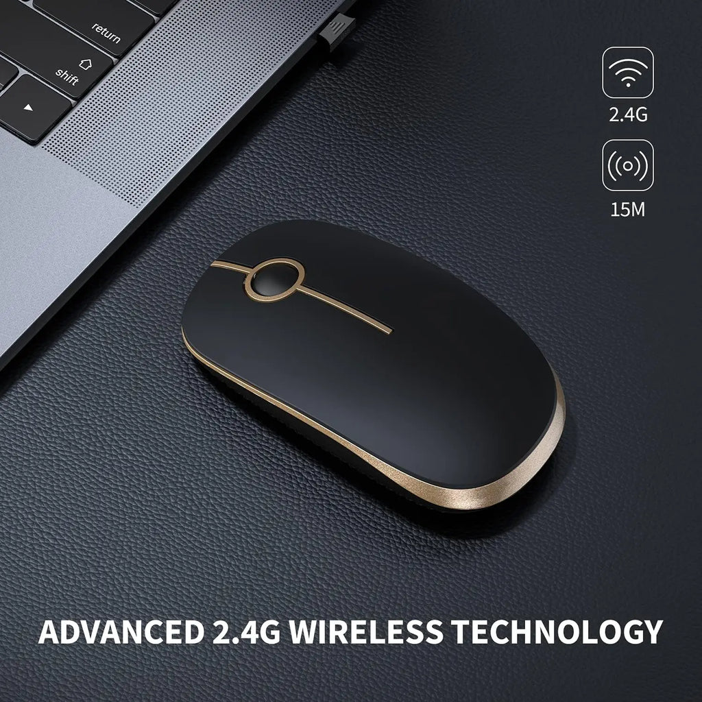Vssoplor 2.4G Wireless Slim Optical Mouse with Nano Receiver - Portable and Silent Design for Laptops and PCs in Black and Gold