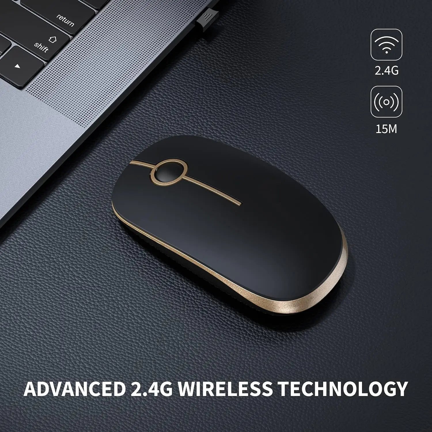 Vssoplor 2.4G Wireless Slim Optical Mouse with Nano Receiver - Portable and Silent Design for Laptops and PCs in Black and Gold