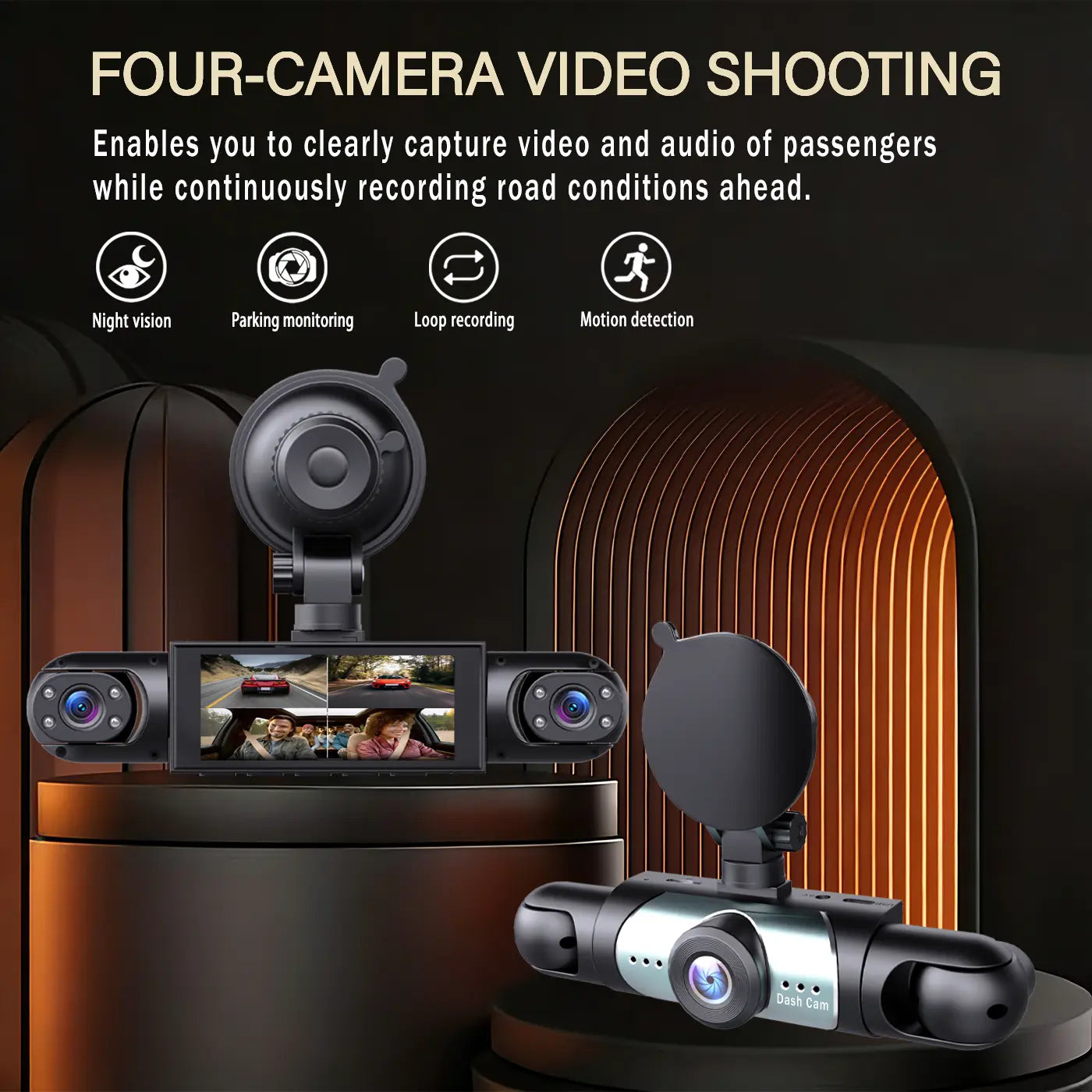BCUOZ 4-Channel Dash Cam - 1080P Full HD Front and 720P Rear Coverage, Night Vision, G-Sensor, Includes 64GB Memory Card, 24-Hour Parking Mode, Non-Wireless Vehicle Dashboard Camera