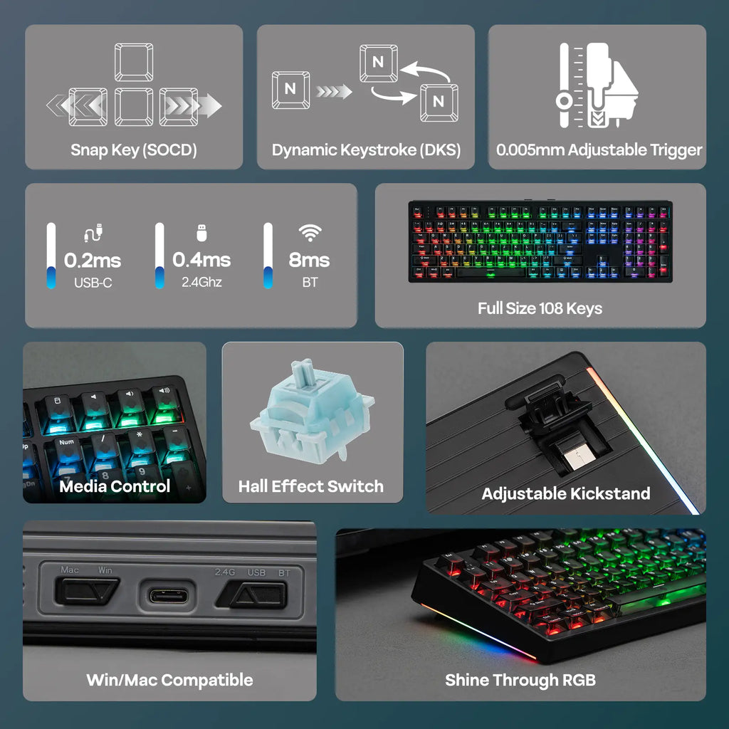 EPOMAKER HE108 Wireless Gaming Keyboard - Full-Sized Hall Effect Design with 8K Polling Rate, 10000mAh Battery, SOCD & DKS Technology, Custom Driver RGB Backlit PBT Keycaps, Ideal for Gaming and Streaming