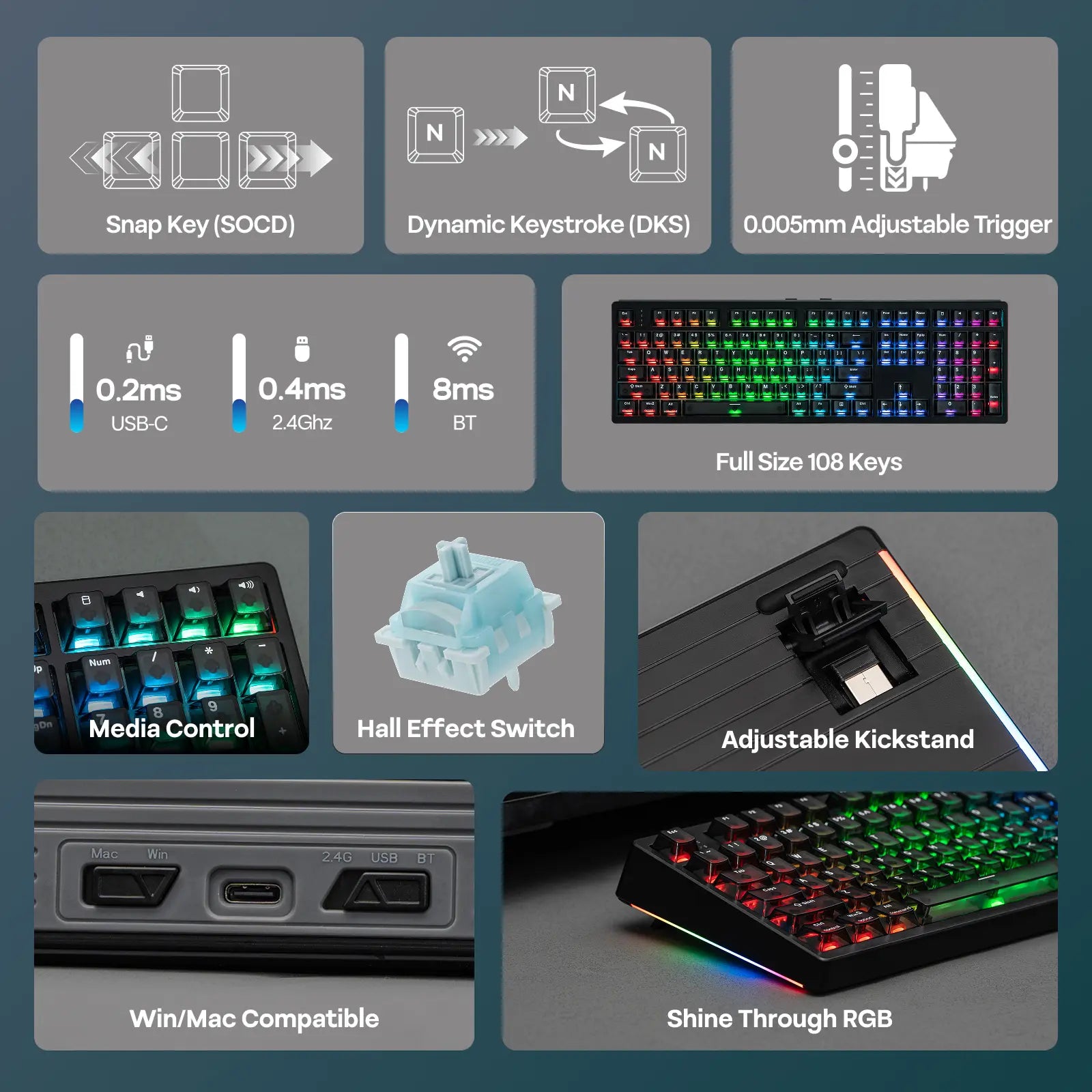 EPOMAKER HE108 Wireless Gaming Keyboard - Full-Sized Hall Effect Design with 8K Polling Rate, 10000mAh Battery, SOCD & DKS Technology, Custom Driver RGB Backlit PBT Keycaps, Ideal for Gaming and Streaming